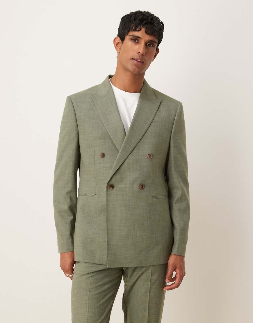 ASOS DESIGN - Zweireihige Anzugjacke in Grün meliert mit regulärer Passform und Absteppung von ASOS DESIGN
