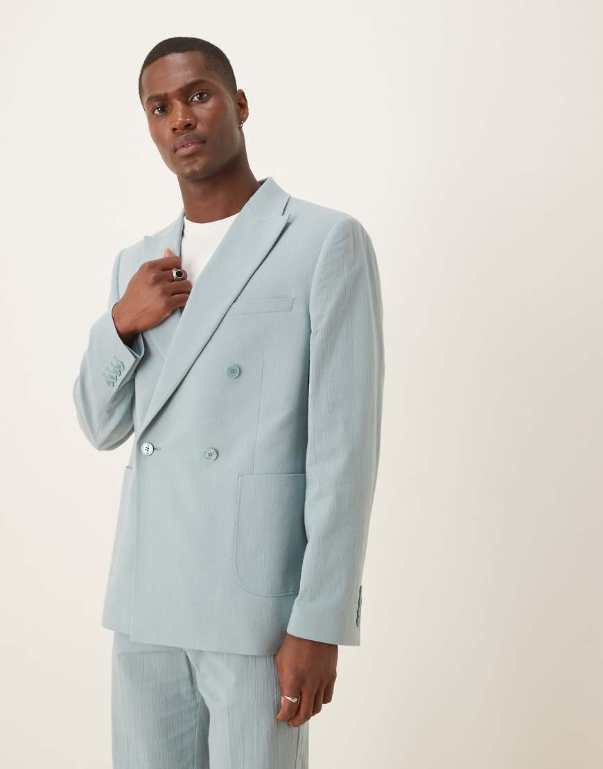 ASOS DESIGN - Zweireihige Anzugjacke in Hellblau mit Knitterstruktur und schmalem Schnitt von ASOS DESIGN