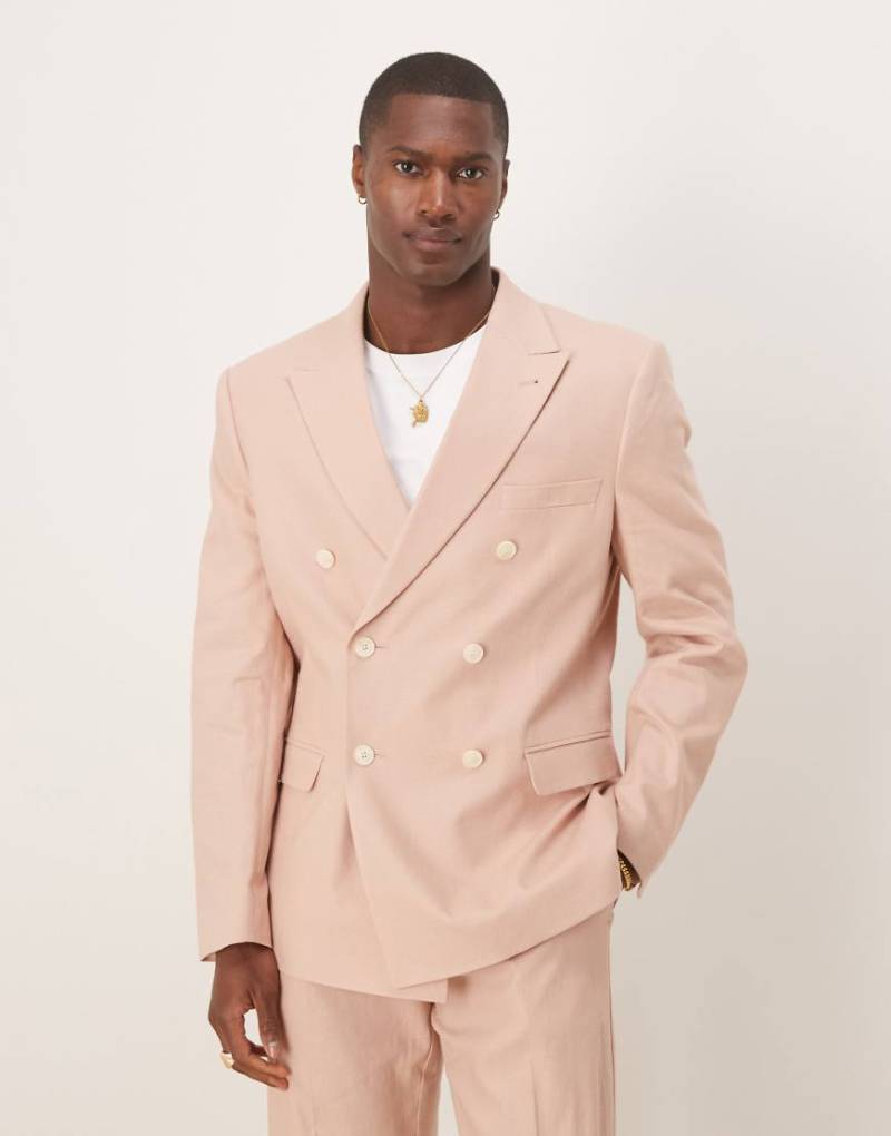 ASOS DESIGN - Zweireihige Slim-Fit-Anzugjacke aus Leinenmix in Rosa von ASOS DESIGN