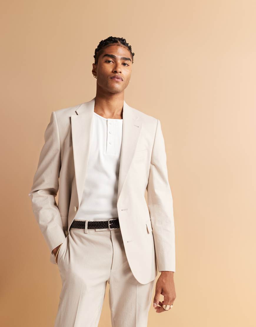 ASOS DESIGN - Regulär geschnittene, zweireihige Anzugjacke aus Leinenmix in Steinbeige-Neutral ASOS DESIGN - Regulär geschnittene, zweireihige Anzugjacke aus Leinenmix in Steinbeige-Neutral von ASOS DESIGN