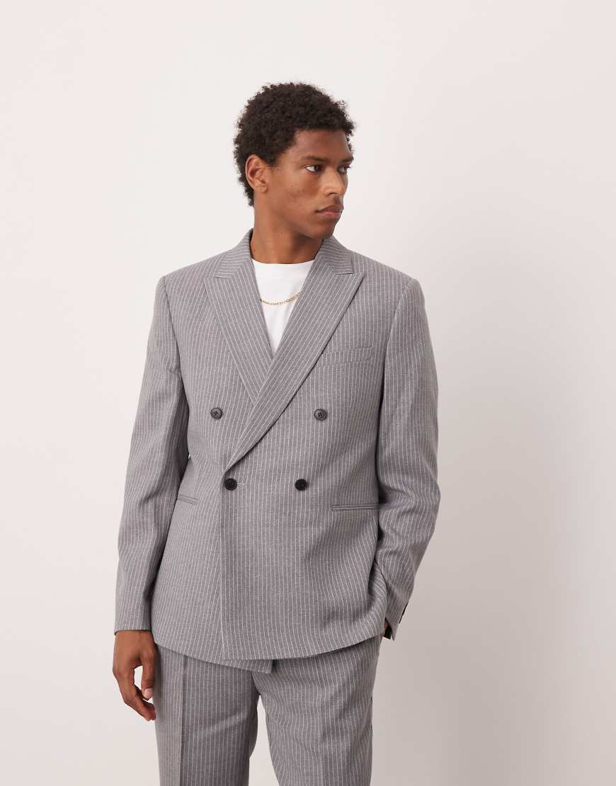ASOS DESIGN - Zweireihige Anzugjacke mit schmalem Schnitt in Grau mit Nadelstreifen ASOS DESIGN - Zweireihige Anzugjacke mit schmalem Schnitt in Grau mit Nadelstreifen von ASOS DESIGN