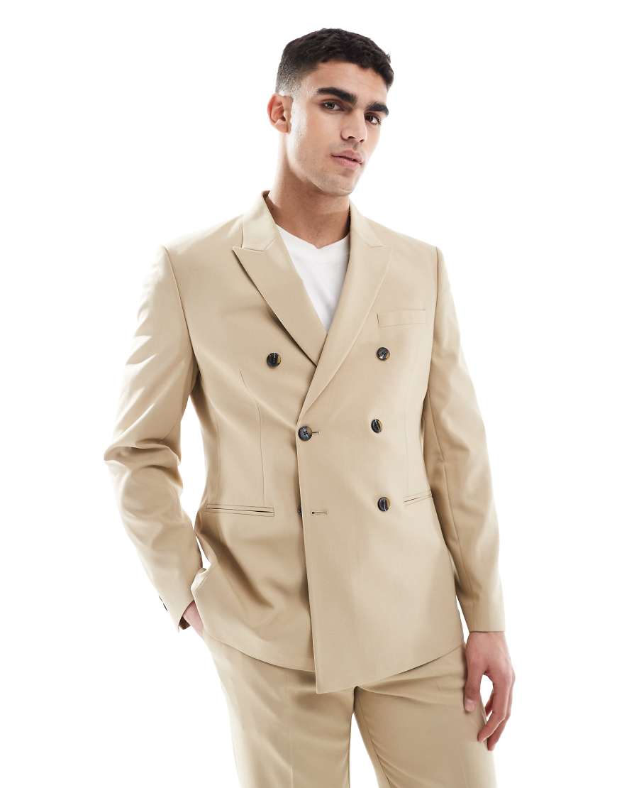ASOS DESIGN - Zweireihige Anzugjacke mit schmalem Schnitt in Stein-Neutral von ASOS DESIGN