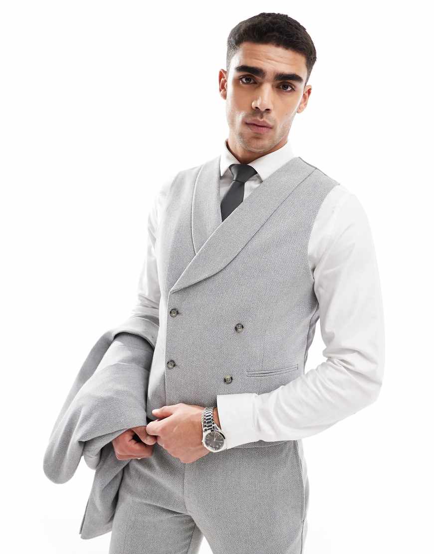 ASOS DESIGN - Zweireihige Anzugweste in Grau mit Wollanteil und engem Schnitt ASOS DESIGN - Zweireihige Anzugweste in Grau mit Wollanteil und engem Schnitt von ASOS DESIGN