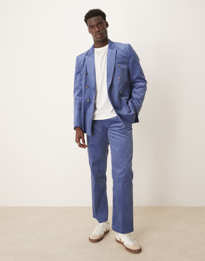 ASOS DESIGN - Zweireihige Cord-Anzugjacke in Blau mit normalem Schnitt von ASOS DESIGN