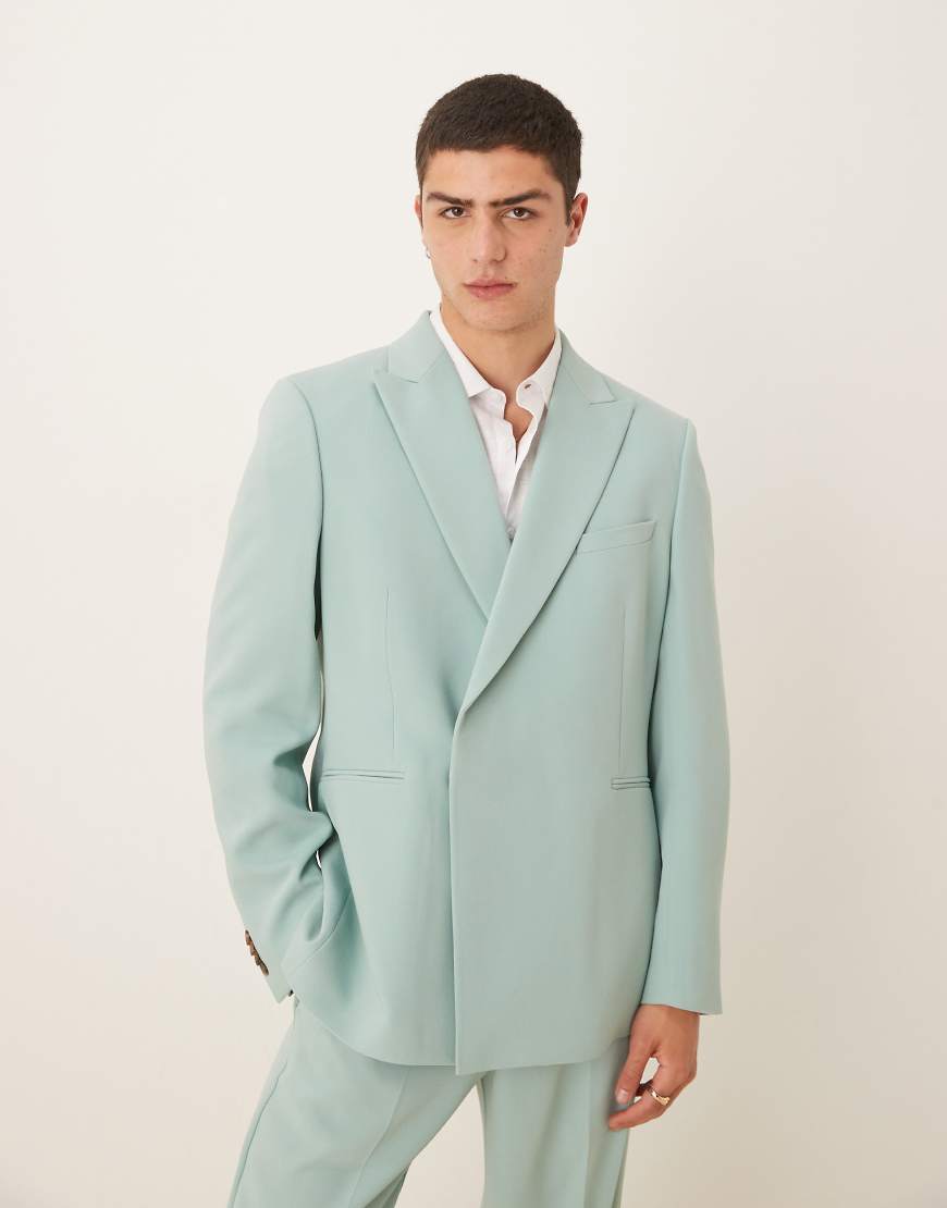 ASOS DESIGN - Zweireihige Regular-Fit-Anzugjacke aus Twill in blauer Leinenoptik von ASOS DESIGN
