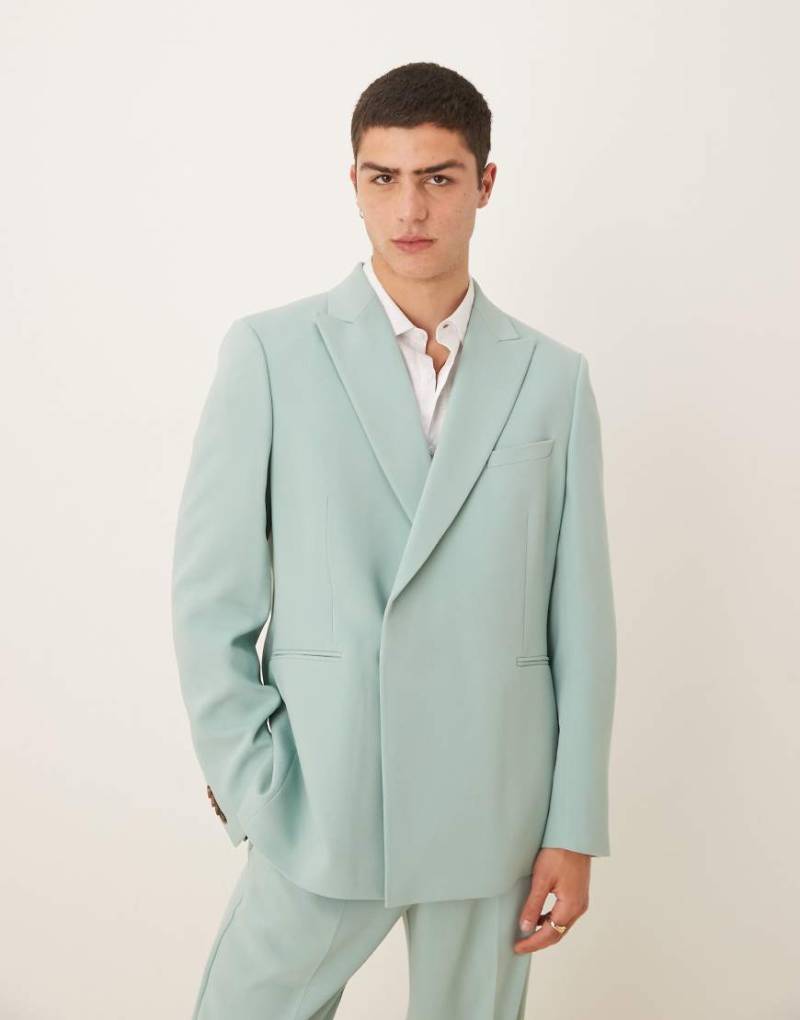 ASOS DESIGN - Zweireihige Regular-Fit-Anzugjacke aus Twill in blauer Leinenoptik von ASOS DESIGN