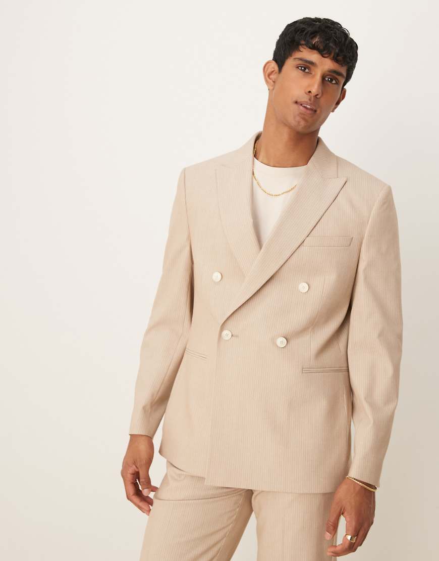 ASOS DESIGN - Zweireihige Regular-Fit-Anzugjacke in meliertem Steinbeige mit Nadelstreifen-Neutral von ASOS DESIGN