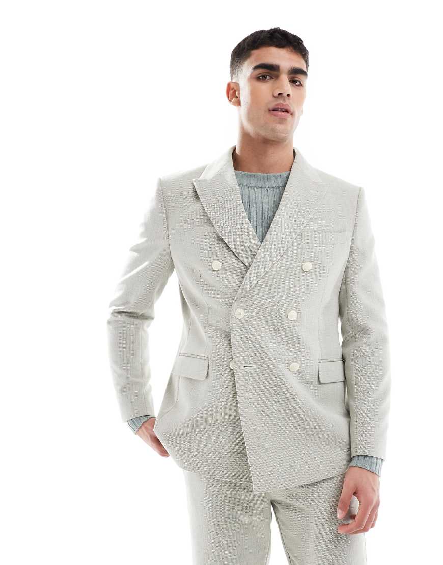 ASOS DESIGN - Zweireihige Wollmix-Anzugjacke in Salbeigrün mit normalem Schnitt und Bindungsmuster ASOS DESIGN - Zweireihige Wollmix-Anzugjacke in Salbeigrün mit normalem Schnitt und Bindungsmuster von ASOS DESIGN