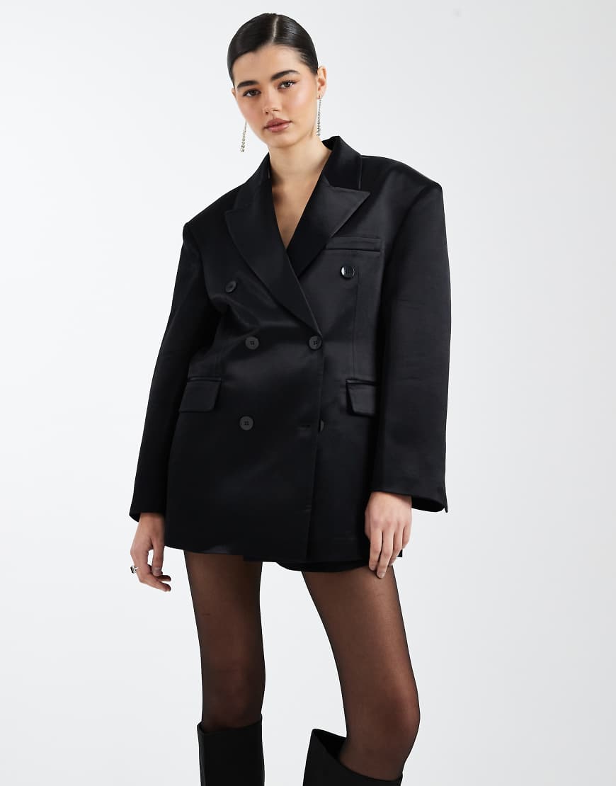 ASOS DESIGN - Zweireihiger Oversize-Blazer aus Satin in Schokobraun-Schwarz von ASOS DESIGN