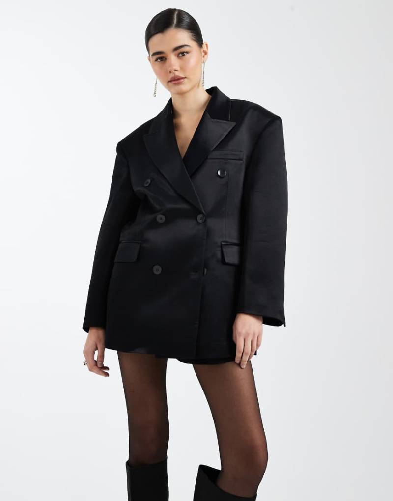 ASOS DESIGN - Zweireihiger Oversize-Blazer aus Satin in Schokobraun-Schwarz von ASOS DESIGN