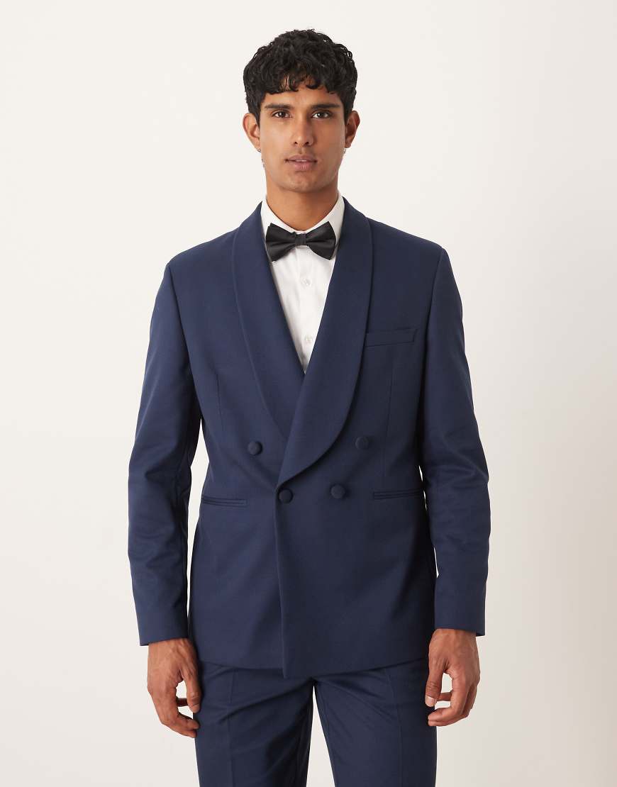 ASOS DESIGN - Zweireihiges Regular-Fit-Smoking-Sakko aus Twill in Marineblau mit Schalrevers-Schwarz von ASOS DESIGN
