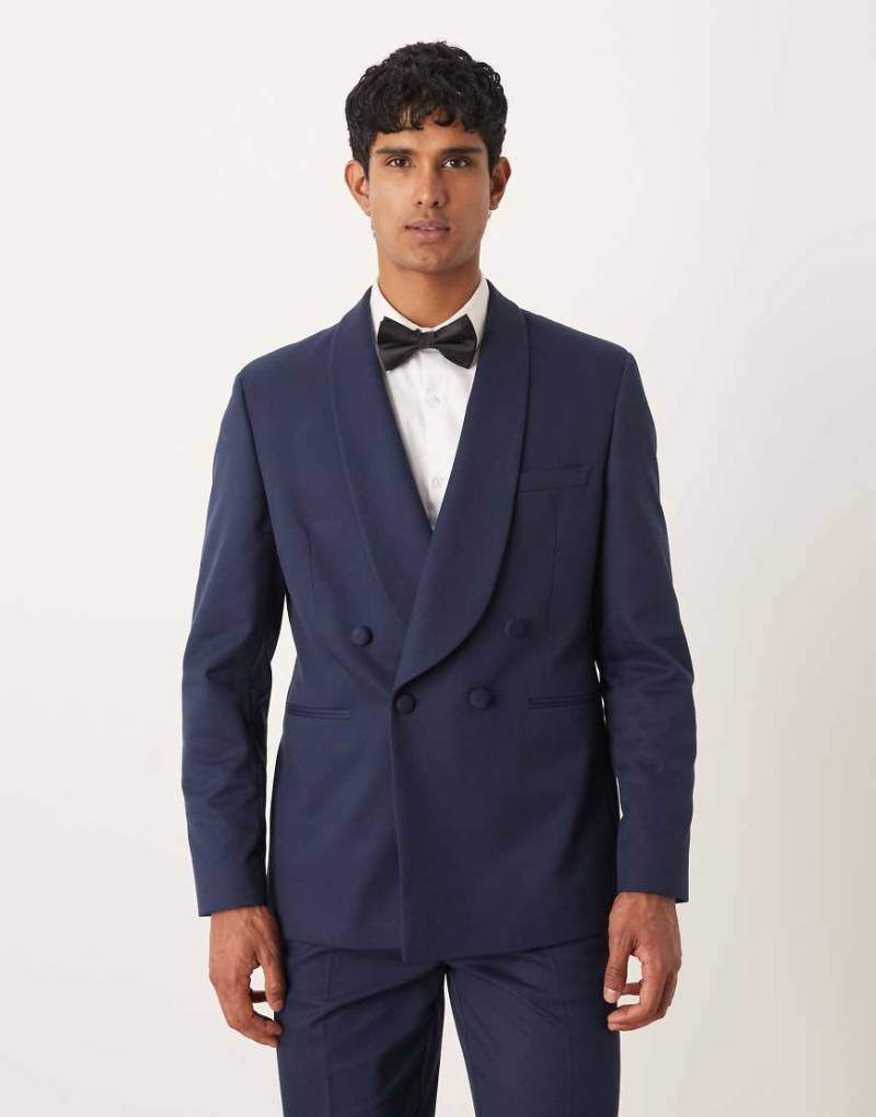 ASOS DESIGN - Zweireihiges Regular-Fit-Smoking-Sakko aus Twill in Marineblau mit Schalrevers-Schwarz von ASOS DESIGN
