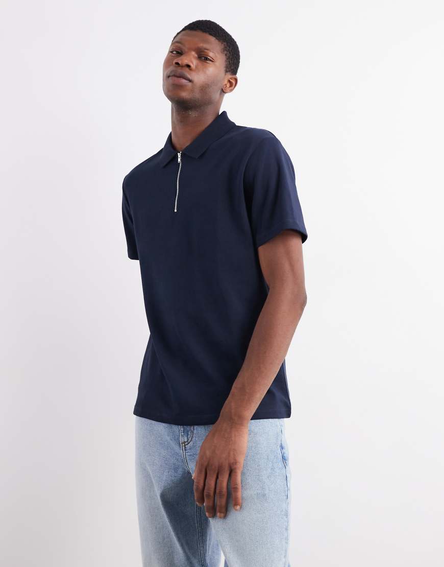 ASOS DESIGN - breatheMAX - Polohemd aus schwerem Baumwollmix in Marineblau mit Reißverschluss von ASOS DESIGN
