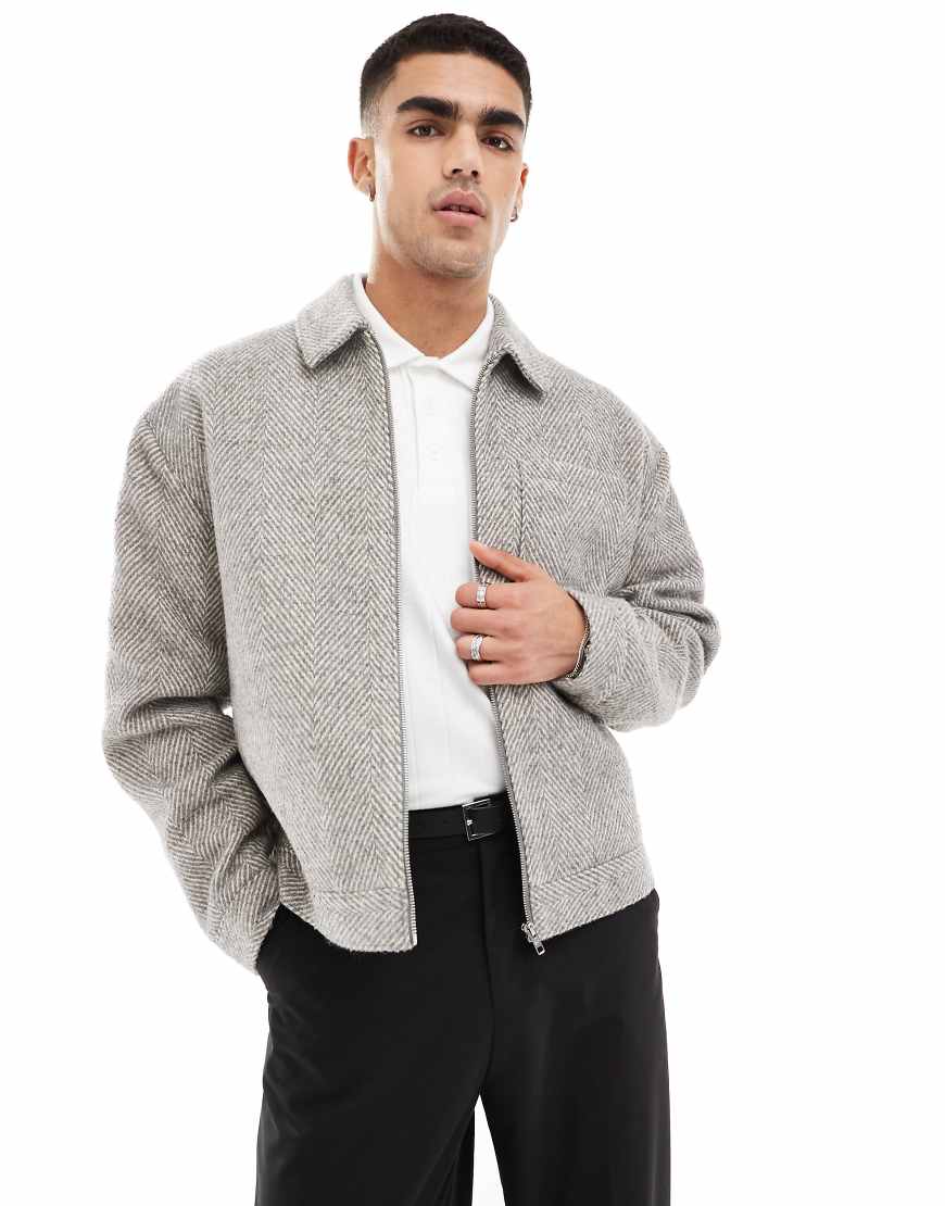 ASOS DESIGN oversized wool look harrington jacket with herringbone in grey-Grau ASOS DESIGN oversized wool look harrington jacket with herringbone in grey-Grau von ASOS DESIGN