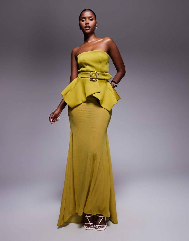 ASOS DESIGN - Hochwertiges Maxikleid aus neoprenartigem Stoff in Grün mit Korsett, durchscheinendem Rock und Taillengürtel von ASOS DESIGN