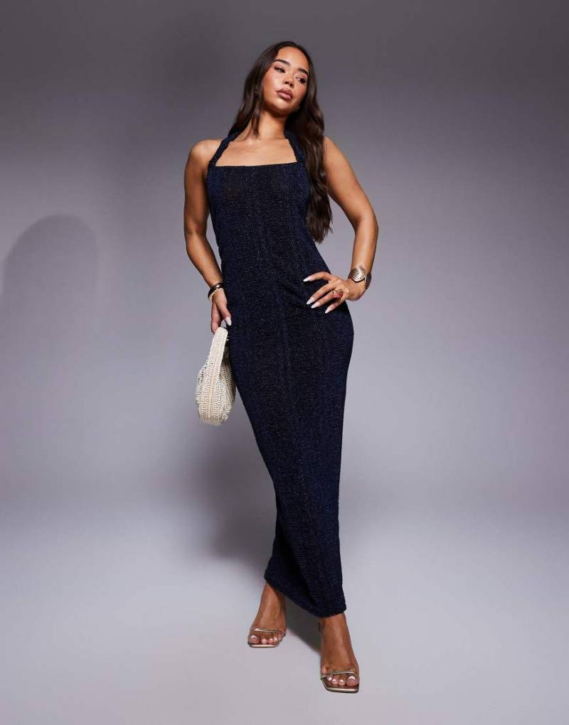 ASOS DESIGn - Maxikleid in Metallic-Marineblau mit eckigem Ausschnitt und verzierten Trägern von ASOS DESIGN