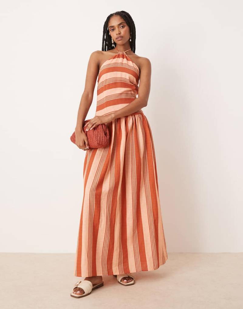 ASOS DESIGn - Maxikleid in Terracotta gestreift mit Neckholder und tiefer Taille-Orange von ASOS DESIGN