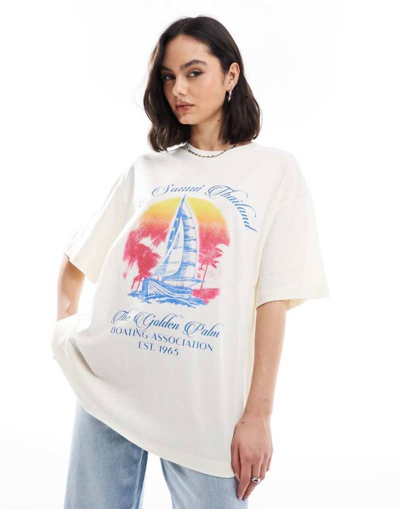 ASOS DESIGn - Oversize-T-Shirt in Leinenoptik mit Thailand-Boot-Grafik-Weiß von ASOS DESIGN
