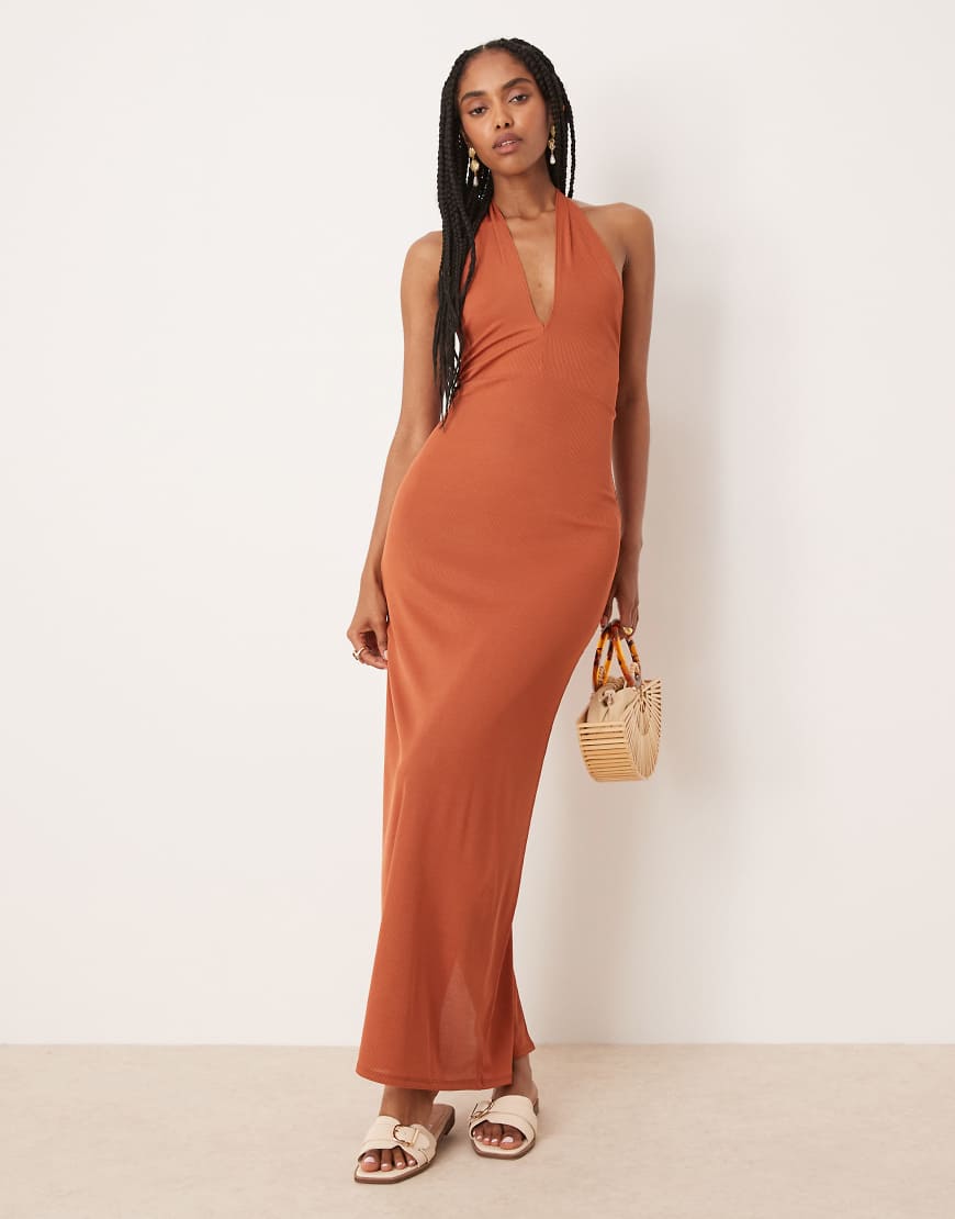 ASOS Design - Geripptes Midikleid in Rostrot mit verdrehtem Neckholder-Träger-Orange von ASOS DESIGN