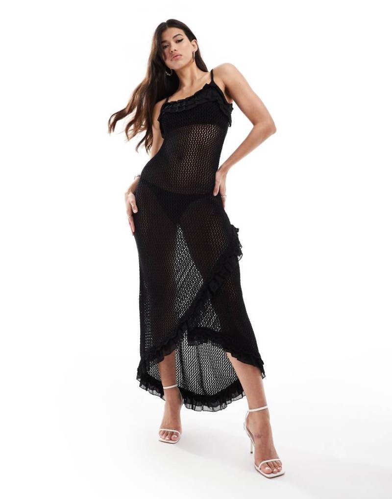 ASOS Design - Gestricktes Maxikleid in Schwarz mit gewebter Rüsche von ASOS DESIGN