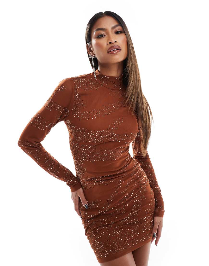 ASOS Design - Langärmliges Minikleid in Bronze mit kunstvoller Hotfix-Verzierung-Braun von ASOS DESIGN