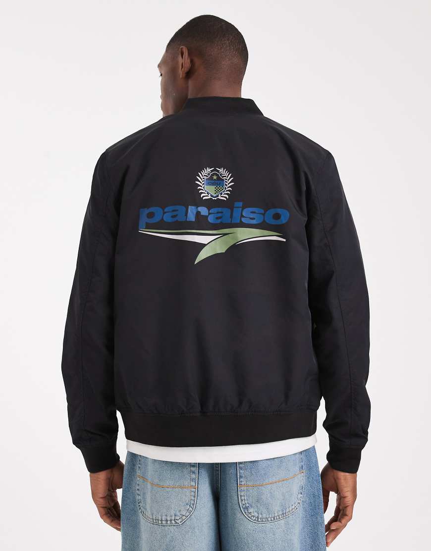 ASOS Design- Leichte Bomberjacke in Schwarz mit Print von ASOS DESIGN