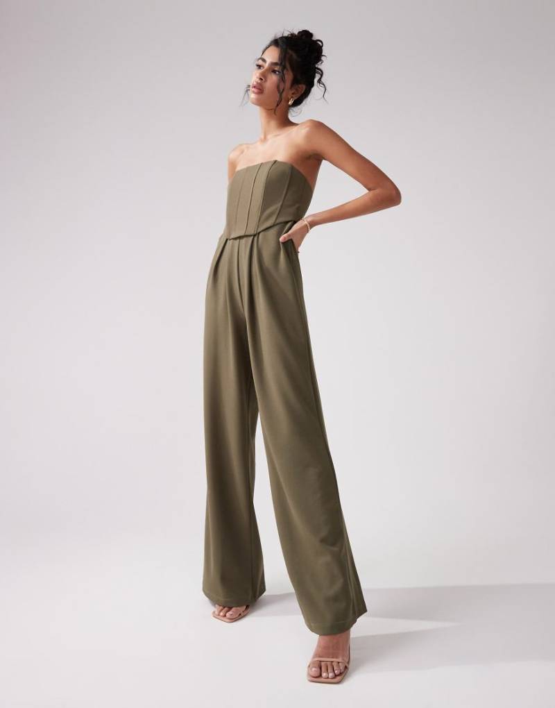 ASOS Design - Trägerloser Korsett-Jumpsuit in Khaki mit weitem Bein-Grün von ASOS DESIGN