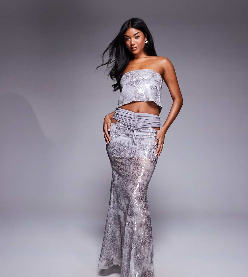 ASOS x THE SOURCED COLLECTION - Geraffter Pailletten-Maxirock in Grau von ASOS DESIGN