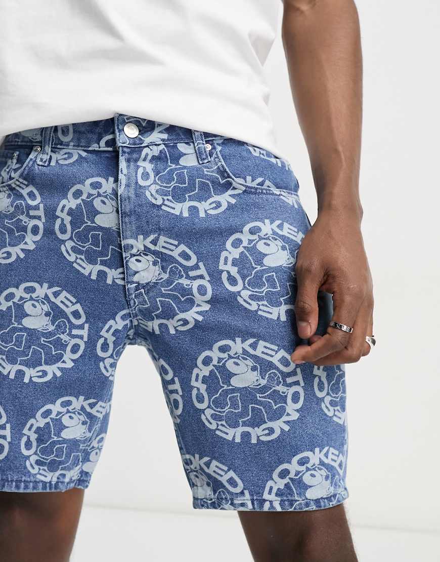 Crooked Tongues x Felix the Cat - Jeansshorts mit Print, reguläre Länge-Blau von ASOS DESIGN