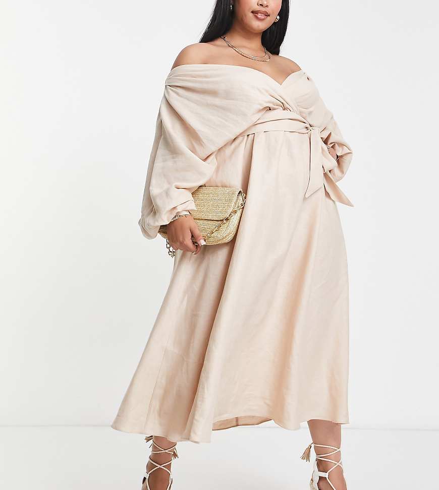 ASOS DESIGN Curve - Wickel-Midikleid aus Leinen in Steingrau mit elastischem Rücken-Detail-Neutral ASOS DESIGN Curve - Wickel-Midikleid aus Leinen in Steingrau mit elastischem Rücken-Detail-Neutral von ASOS EDITION