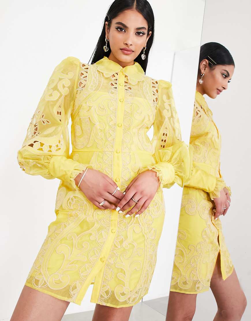 ASOS EDITION - Besticktes, kurzes Organza-Hemdkleid in Gelb von ASOS EDITION
