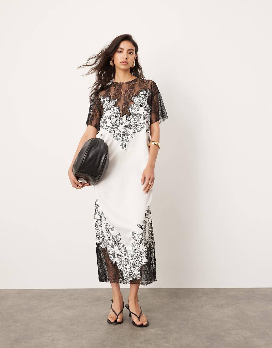 ASOS EDITION - Besticktes Säulen-Midikleid aus Satin in Weiß mit kontrastierender Spitzenapplikation ASOS EDITION - Besticktes Säulen-Midikleid aus Satin in Weiß mit kontrastierender Spitzenapplikation von ASOS EDITION