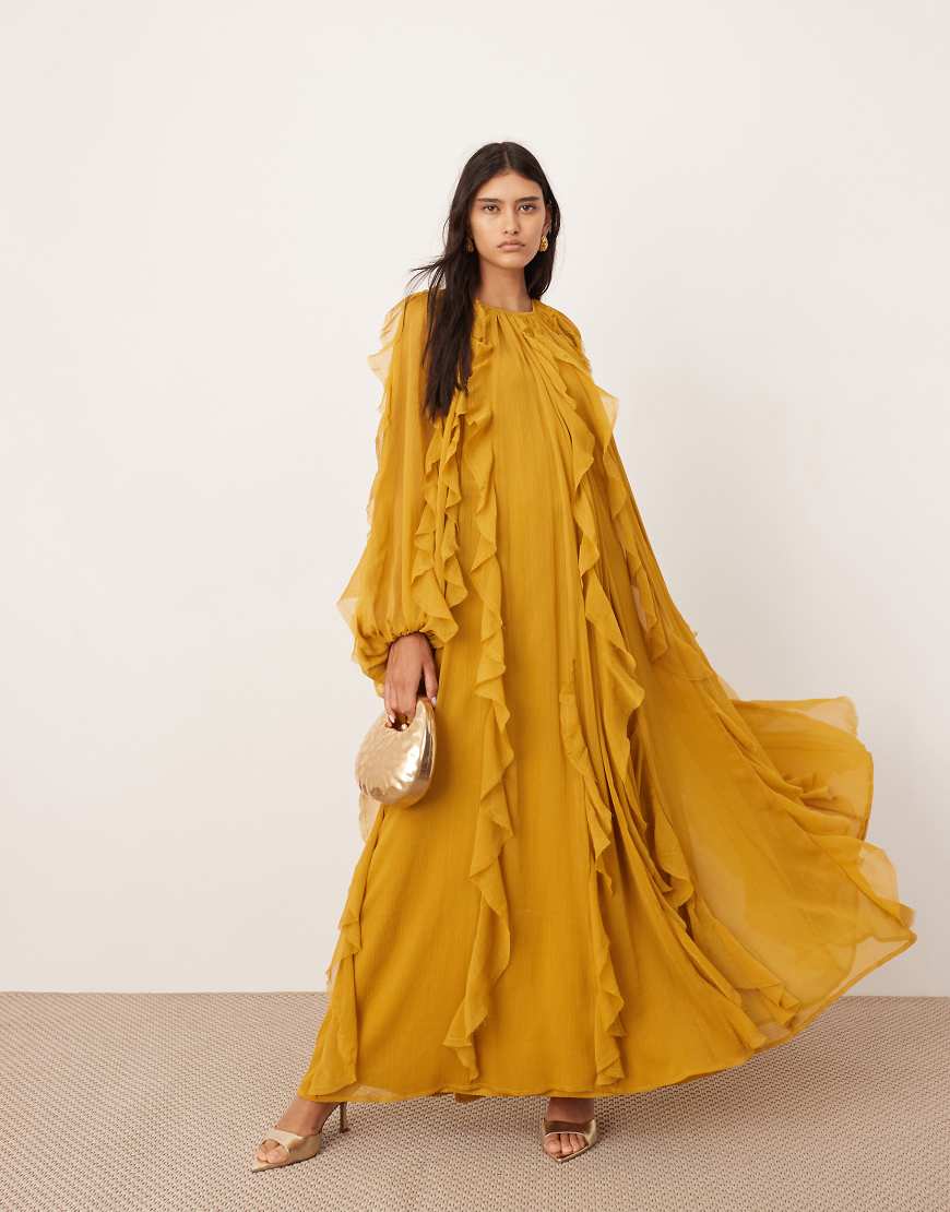 ASOS EDITION - Chiffon-Maxikleid in Senfgelb mit ungesäumten Kanten, Rüschen und Ballonärmeln von ASOS EDITION