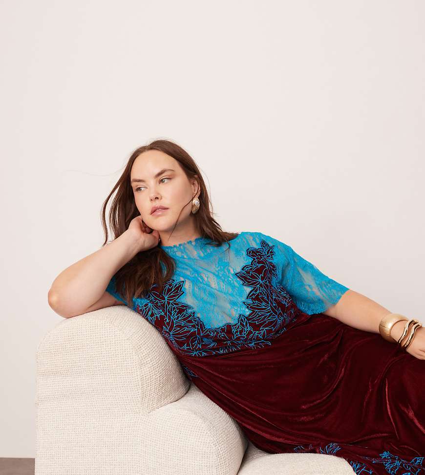 ASOS EDITION Curve - Gerade geschnittenes Samt-Midikleid in Burgunderrot mit Spitzenapplikation und Stickerei-Bunt von ASOS EDITION