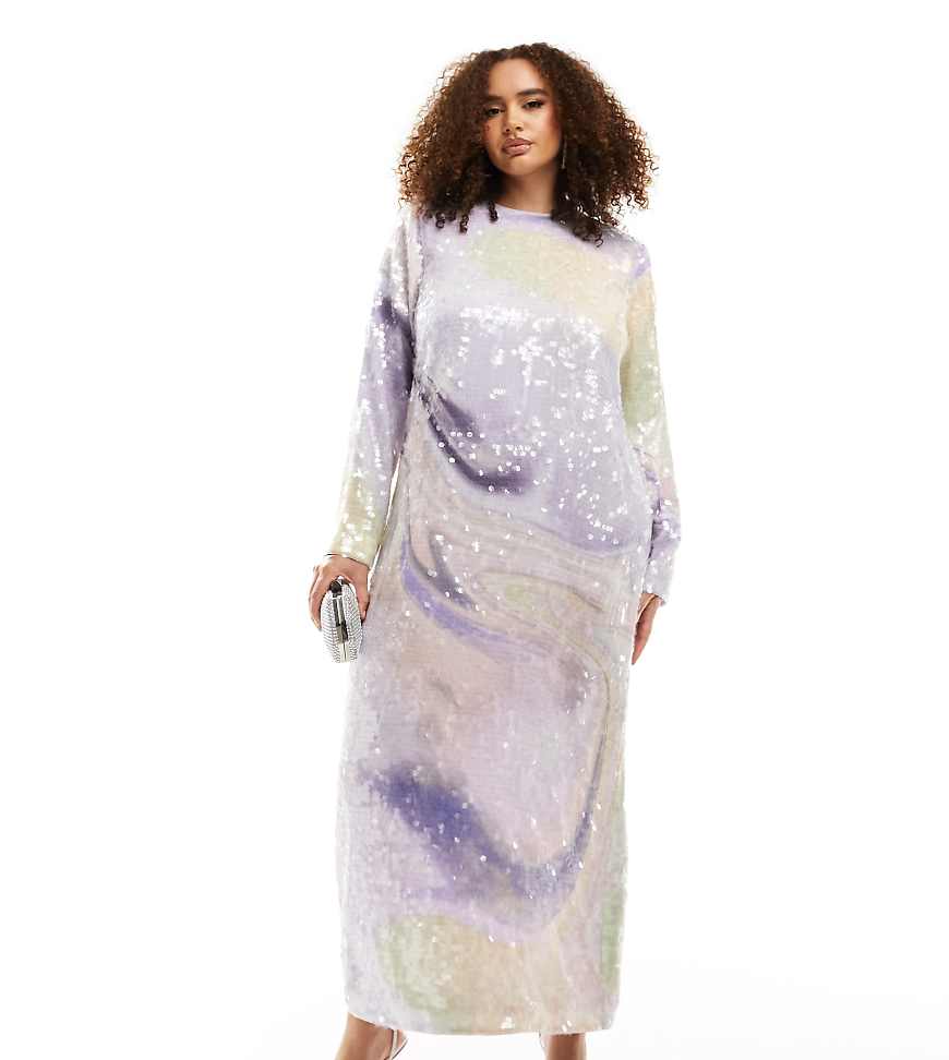 ASOS EDITION Curve - Langärmliges Maxikleid mit durchgängigem Paillettenbesatz und abstraktem Muster in Pastellfarben-Bunt ASOS EDITION Curve - Langärmliges Maxikleid mit durchgängigem Paillettenbesatz und abstraktem Muster in Pastellfarben-Bunt von ASOS EDITION