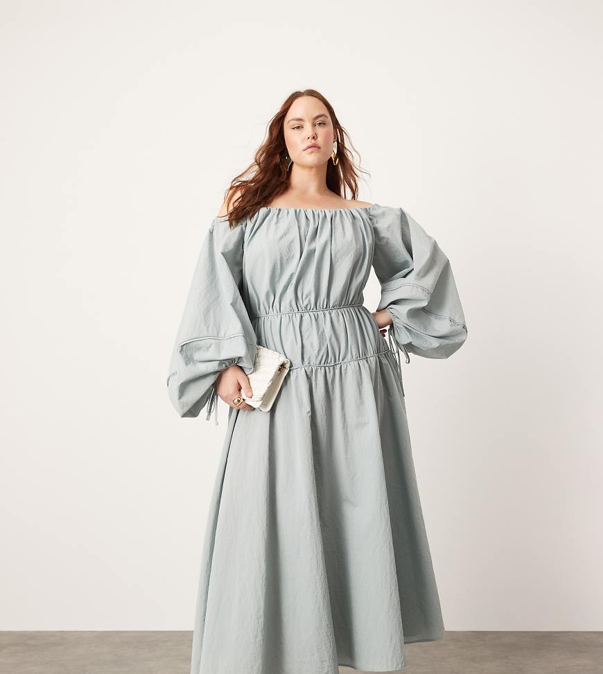 ASOS EDITION Curve - Maxikleid in Blau mit Carmen-Ausschnitt, Faltendetail und Ballonärmeln-Orange von ASOS EDITION
