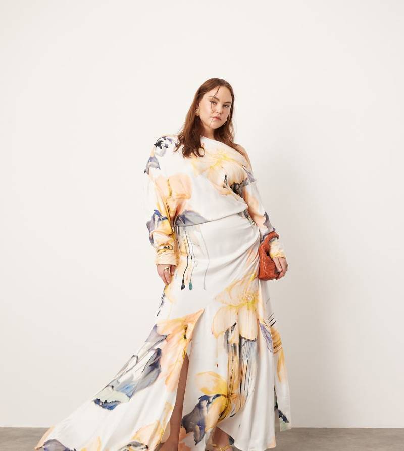 ASOS EDITION Curve - Maxikleid mit verschwommenem Blumenmuster und abfallender Schulterpartie-Bunt von ASOS EDITION