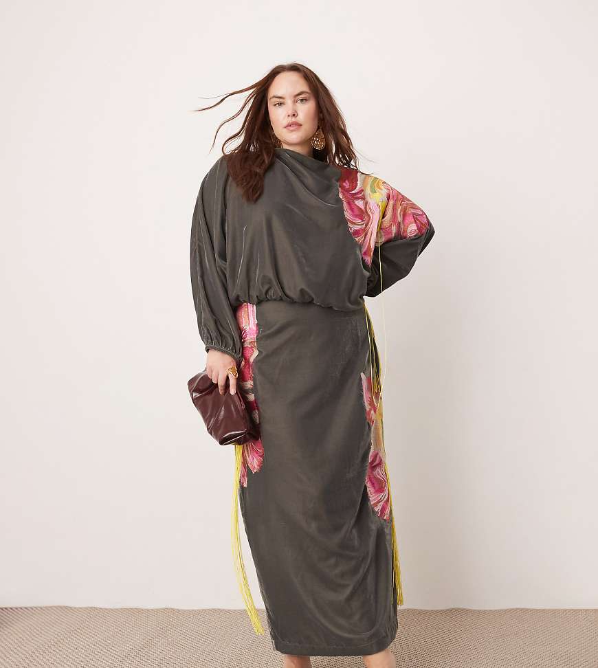 ASOS EDITION Curve - Samt-Maxikleid in Anthrazit mit Stickerei und Fransendetail-Grau von ASOS EDITION