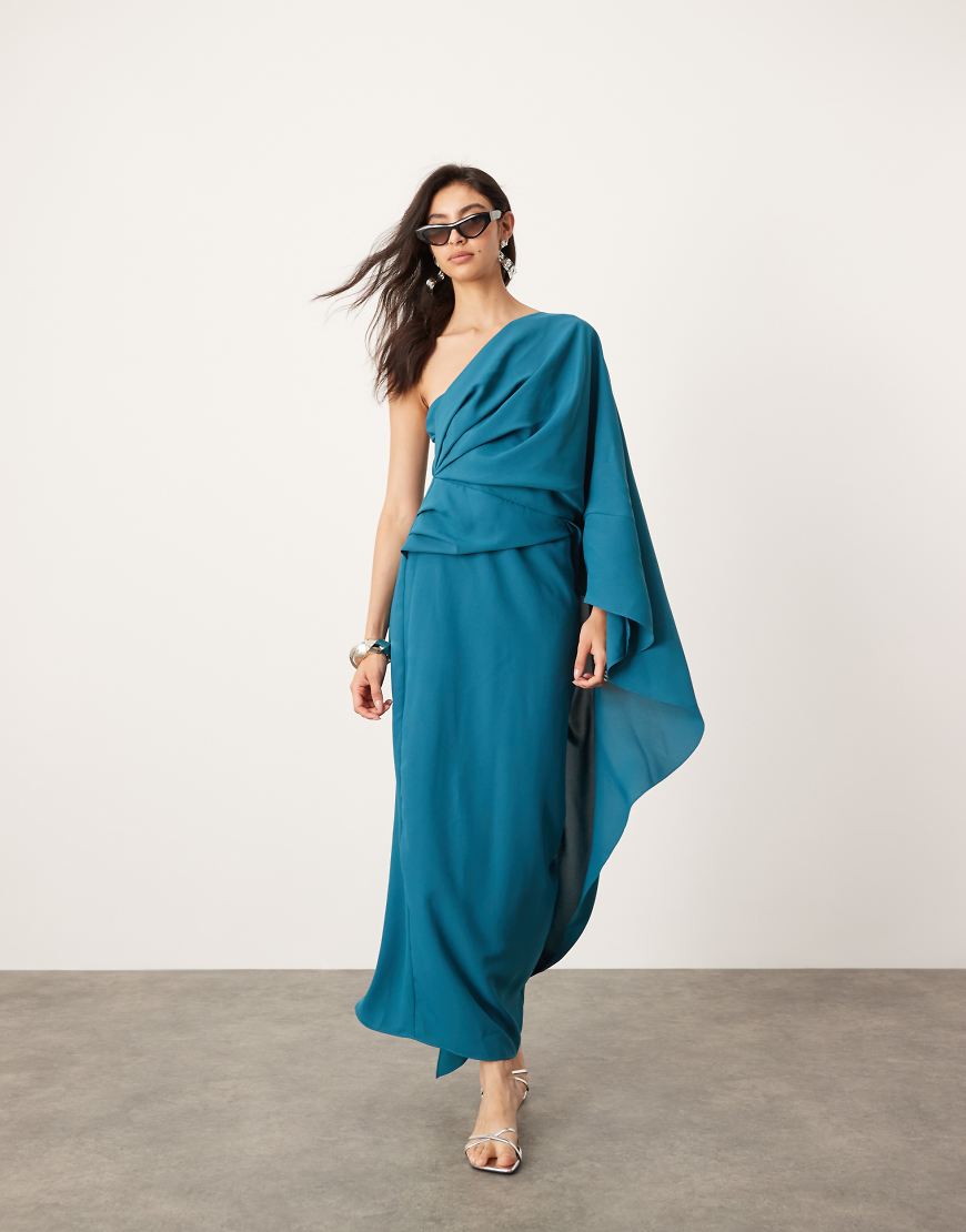 ASOS EDITION - Drapiertes Midikleid in Blaugrün mit One-Shoulder-Ärmel ASOS EDITION - Drapiertes Midikleid in Blaugrün mit One-Shoulder-Ärmel von ASOS EDITION