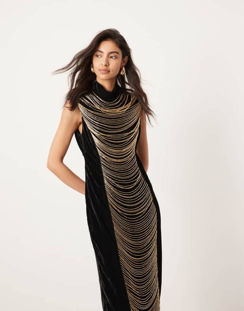 ASOS EDITION - Hochgeschlossenes, konturierendes Samt-Midikleid in Schwarz mit drapierter Fransenverzierung von ASOS EDITION