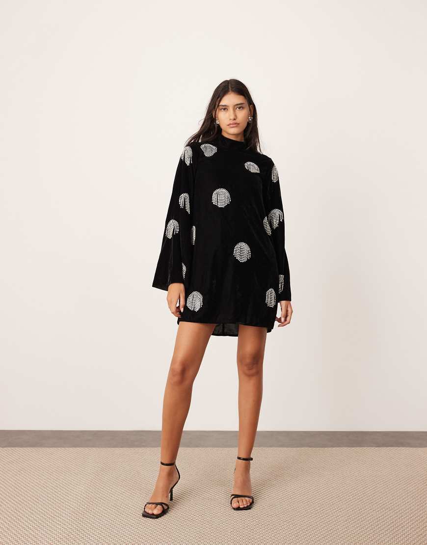 ASOS EDITION - Hochgeschlossenes Samt-Minikleid in Schwarz mit Strassfransenverzierung von ASOS EDITION