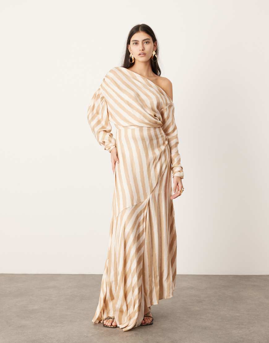 ASOS EDITION - Maxikleid in gestreiftem Steinbeige mit abfallender Schulterpartie-Bunt von ASOS EDITION