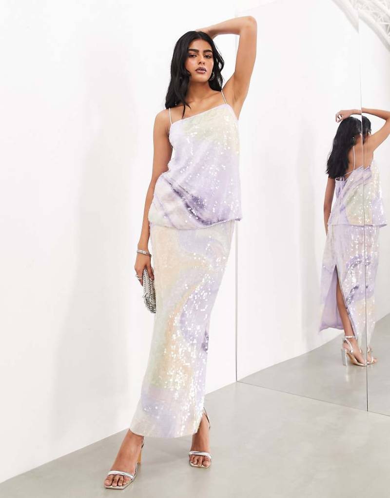 ASOS EDITION - Maxirock in Lila mit abstraktem Wirbelprint und Pailletten, Kombiteil-Bunt von ASOS EDITION
