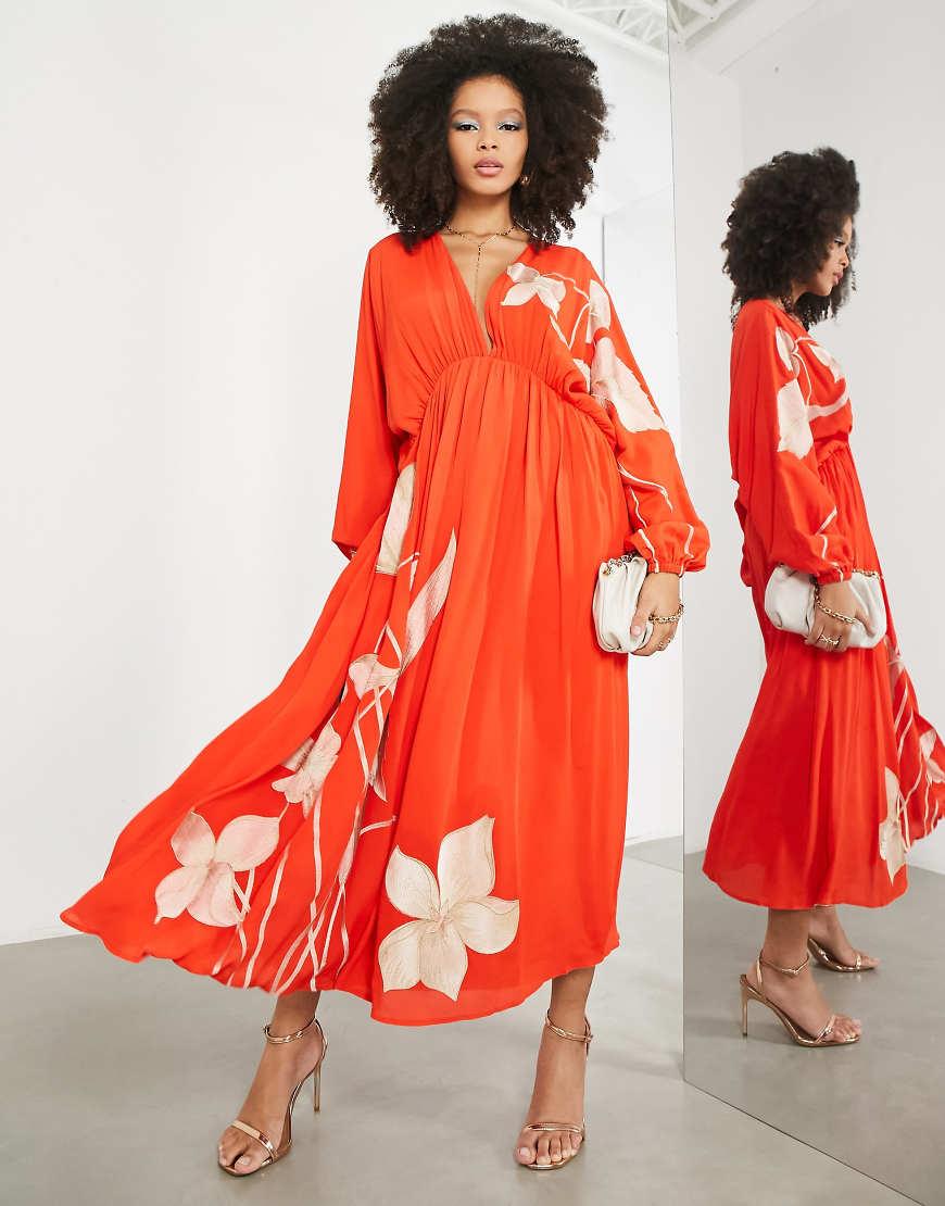 ASOS EDITION - Midikleid in Tomatenrot mit geraffter Taille und Tulpenstickerei von ASOS EDITION