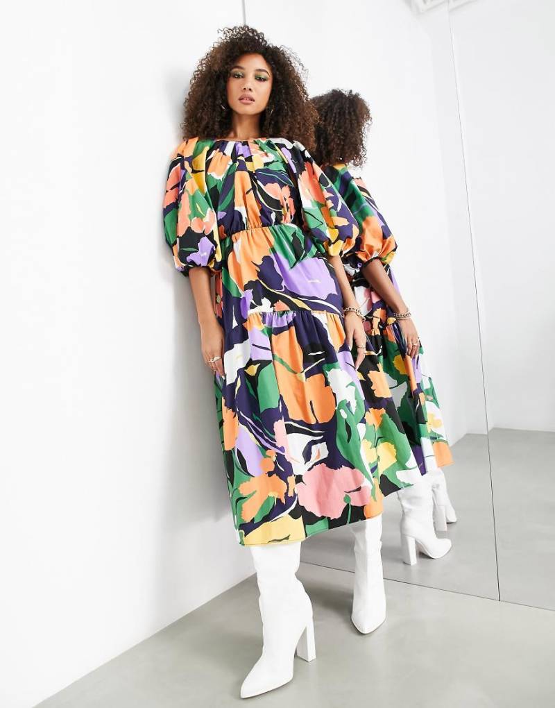 ASOS EDITION - Midikleid mit voluminösen Ärmeln, Zierausschnitt am Rücken und abstraktem Muster-Bunt von ASOS EDITION