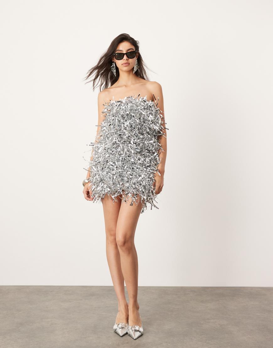 ASOS EDITION - Mini-Bandeau-Kleid mit Paillettenfransen in Silber von ASOS EDITION
