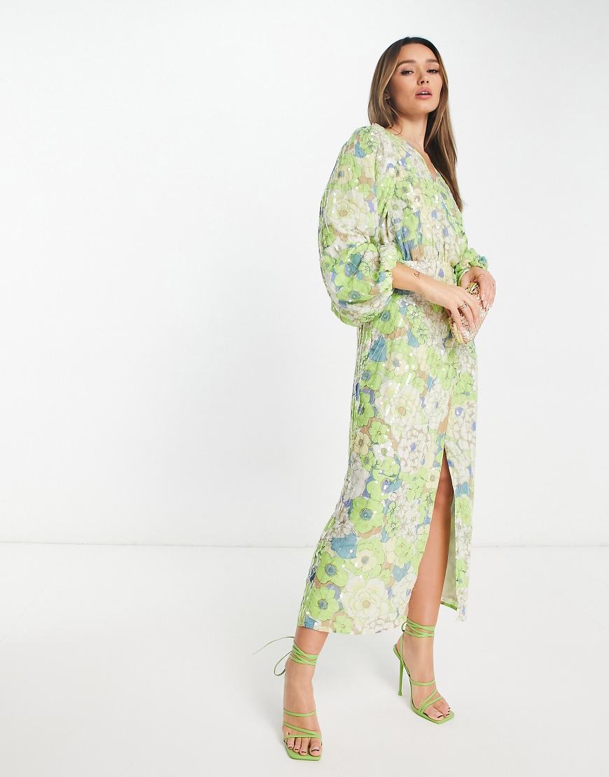 ASOS EDITION - Mit Pailletten besetztes Midi-Wickelkleid mit Blumenmuster-Bunt von ASOS EDITION