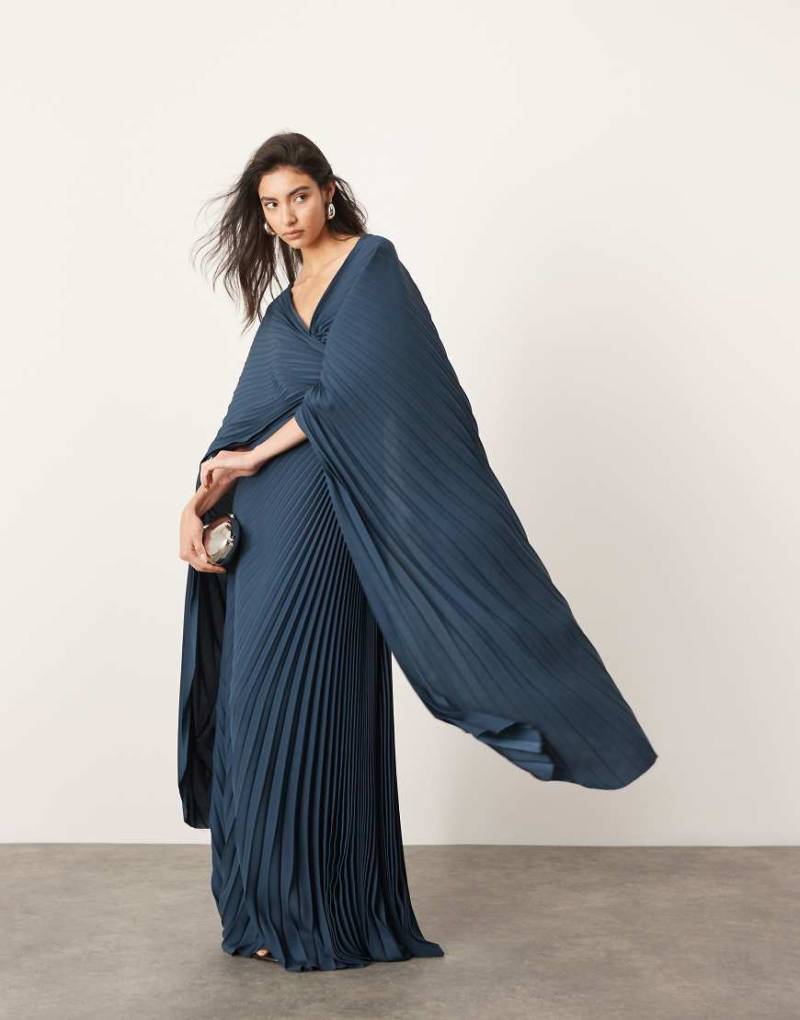 ASOS EDITION - Plissiertes Maxikleid in Petrol mit verdrehtem Design und ausgestellten Ärmeln-Blau von ASOS EDITION