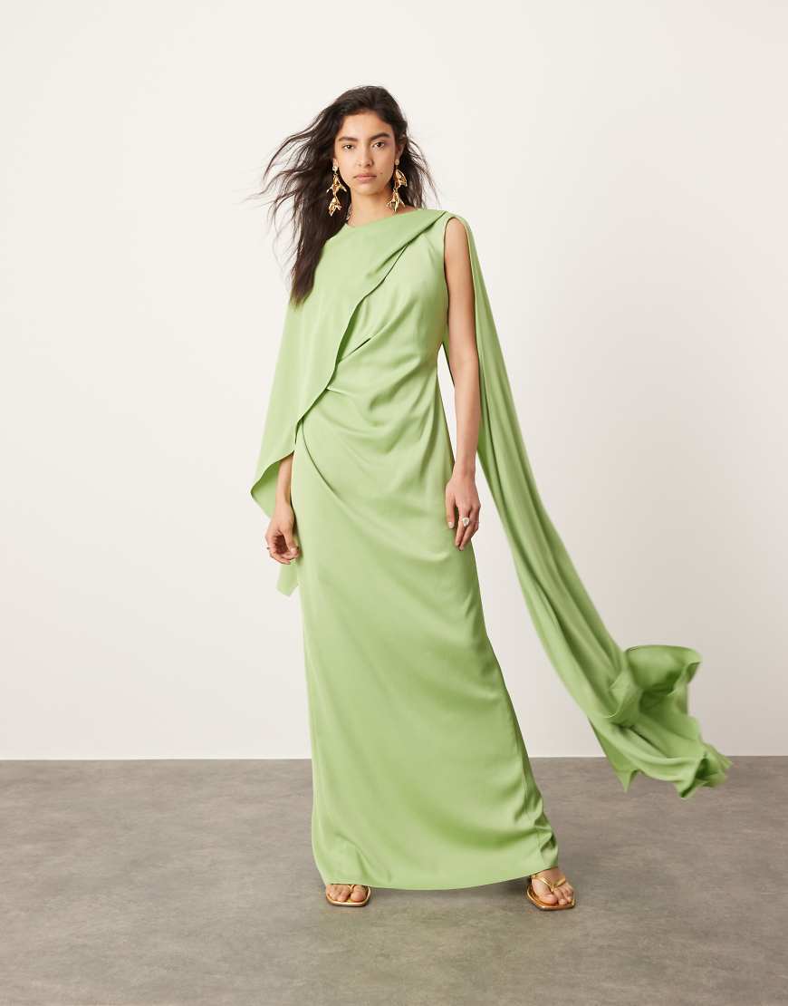 ASOS EDITION - Satin-Maxikleid in Salbeigrün mit Drapierung und geraffter Taille von ASOS EDITION