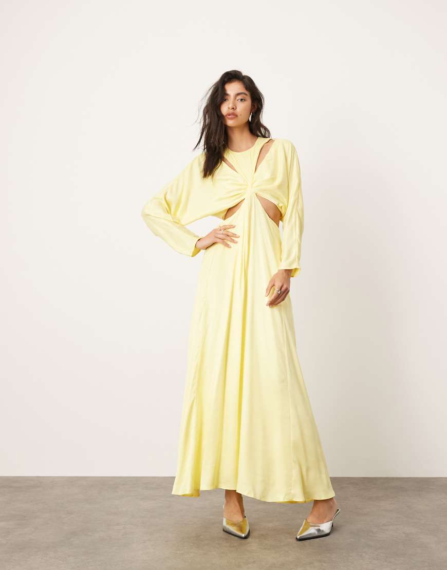 ASOS EDITION - Satin-Maxikleid in Zitronengelb mit Fledermausärmeln und Zierausschnitten-Schwarz von ASOS EDITION